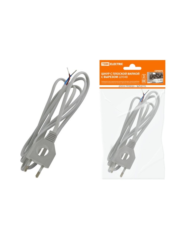Шнур с плоской вилкой с вырезом ШУ04 ШВВП 2х0,75мм2 1,7 м. серебр. металлик | SQ1305-0035 | TDM