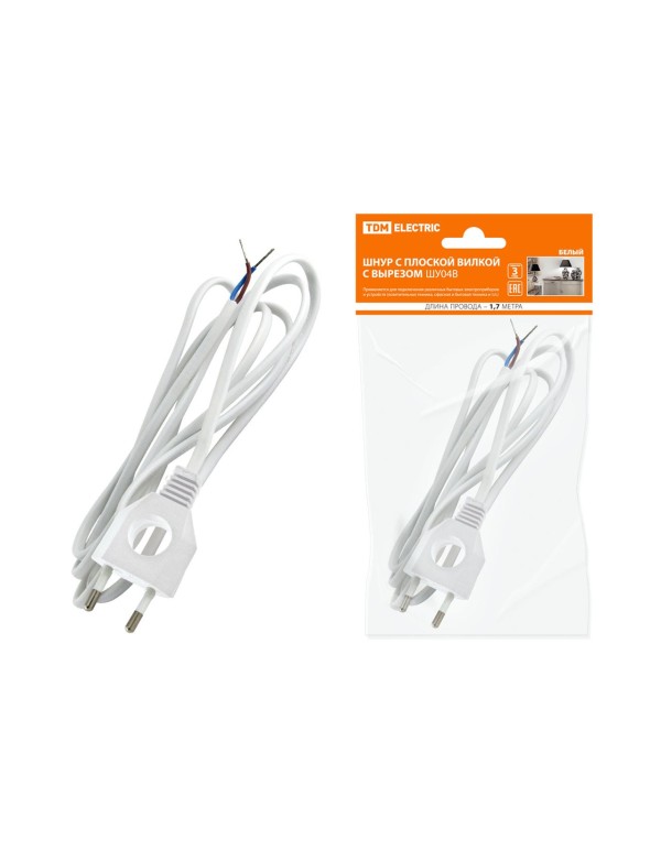 Шнур с плоской вилкой с вырезом ШУ04 ШВВП 2х0,75мм2 1,7 м. белый | SQ1305-0031 | TDM