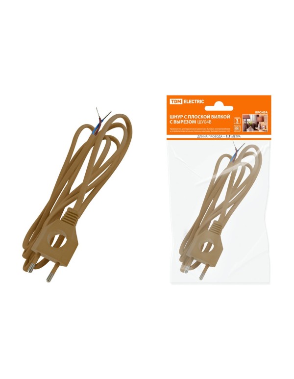 Шнур с плоской вилкой с вырезом ШУ04 ШВВП 2х0,75мм2 1,7 м. бронза | SQ1305-0033 | TDM