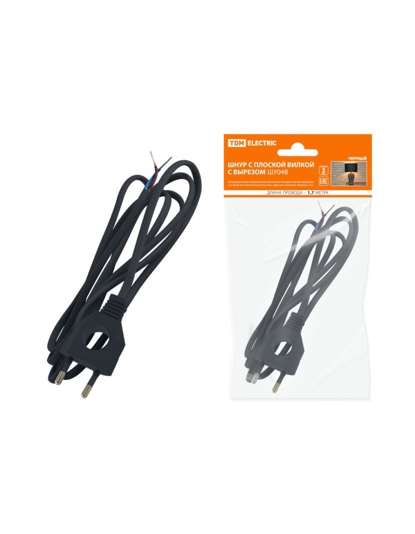 Шнур с плоской вилкой с вырезом ШУ04 ШВВП 2х0,75мм2 1,7 м. черный | SQ1305-0032 | TDM