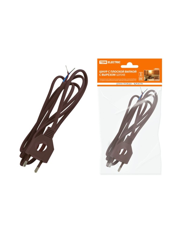 Шнур с плоской вилкой с вырезом ШУ04 ШВВП 2х0,75мм2 1,7 м. коричневый  ЭКО  | SQ1305-0036 | TDM