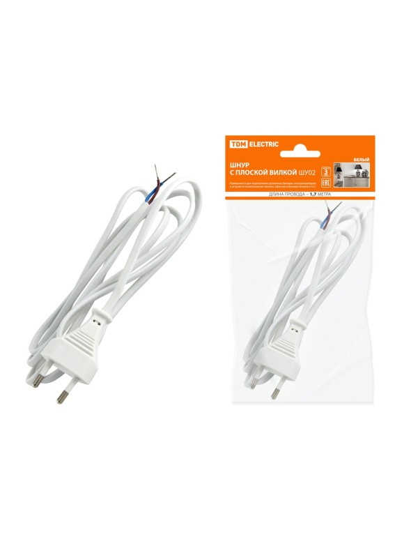 Шнур с плоской вилкой ШУ02 ШВВП 2х0,75мм2 1,7 м. белый | SQ1305-0011 | TDM