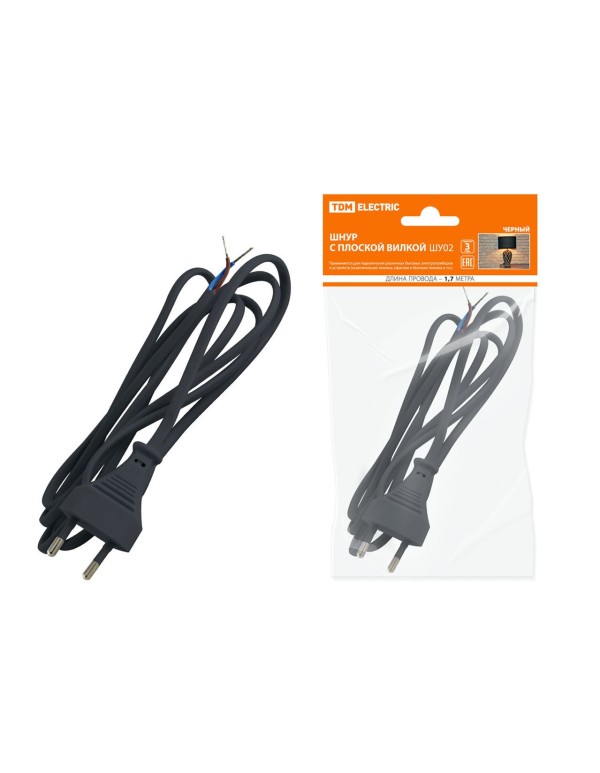 Шнур с плоской вилкой ШУ02 ШВВП 2х0,75мм2 1,7 м. черный | SQ1305-0012 | TDM