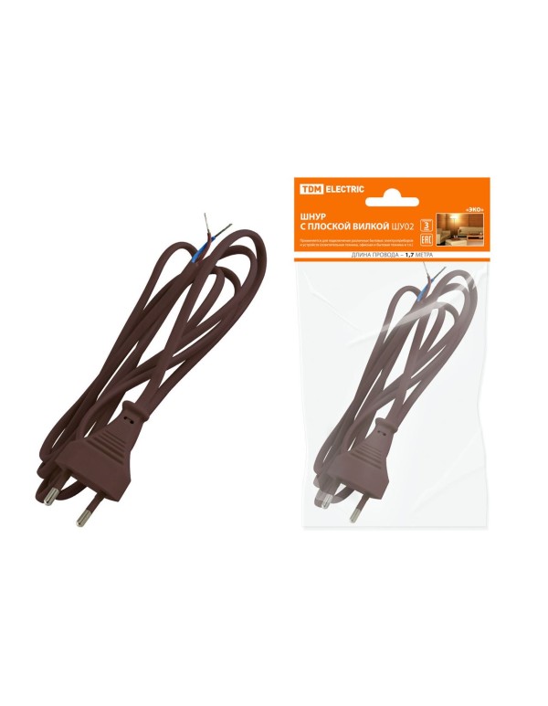 Шнур с плоской вилкой ШУ02 ШВВП 2х0,75мм2 1,7 м. коричневый  ЭКО  | SQ1305-0016 | TDM