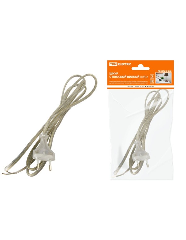 Шнур с плоской вилкой ШУ02 ШВВП 2х0,75мм2 1,7 м. прозрачный | SQ1305-0014 | TDM