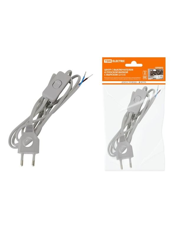 Шнур с выключателем и плоской вилкой с вырезом ШУ03В ШВВП 2х0,75мм2 2 м. серебр. металлик | SQ1305-0025 | TDM