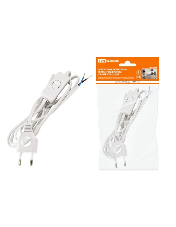 Шнур с выключателем и плоской вилкой с вырезом ШУ03В ШВВП 2х0,75мм2 2 м. белый | SQ1305-0021 | TDM