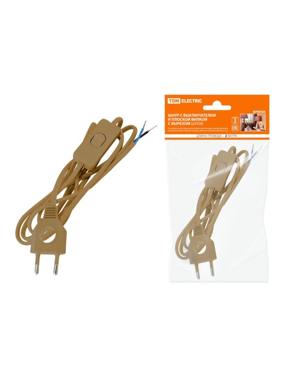 Шнур с выключателем и плоской вилкой с вырезом ШУ03В ШВВП 2х0,75мм2 2 м. бронза | SQ1305-0023 | TDM