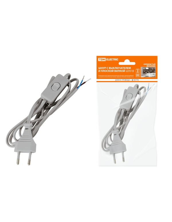 Шнур с выключателем и плоской вилкой ШУ01В ШВВП 2х0,75мм2 2м. серебр. металлик | SQ1305-0005 | TDM