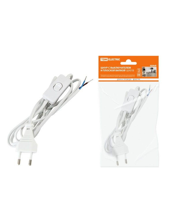 Шнур с выключателем и плоской вилкой ШУ01В ШВВП 2х0,75мм2 2м. белый | SQ1305-0001 | TDM