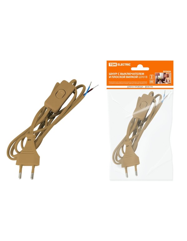 Шнур с выключателем и плоской вилкой ШУ01В ШВВП 2х0,75мм2 2м. бронза | SQ1305-0003 | TDM