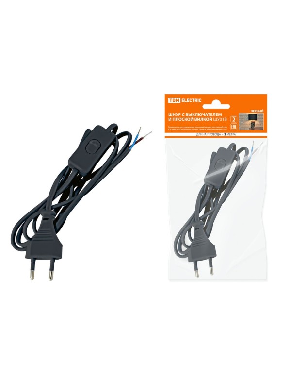 Шнур с выключателем и плоской вилкой ШУ01В ШВВП 2х0,75мм2 2м. черный | SQ1305-0002 | TDM