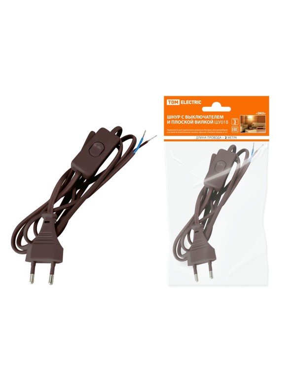 Шнур с выключателем и плоской вилкой ШУ01В ШВВП 2х0,75мм2 2м. коричневый  ЭКО  | SQ1305-0006 | TDM