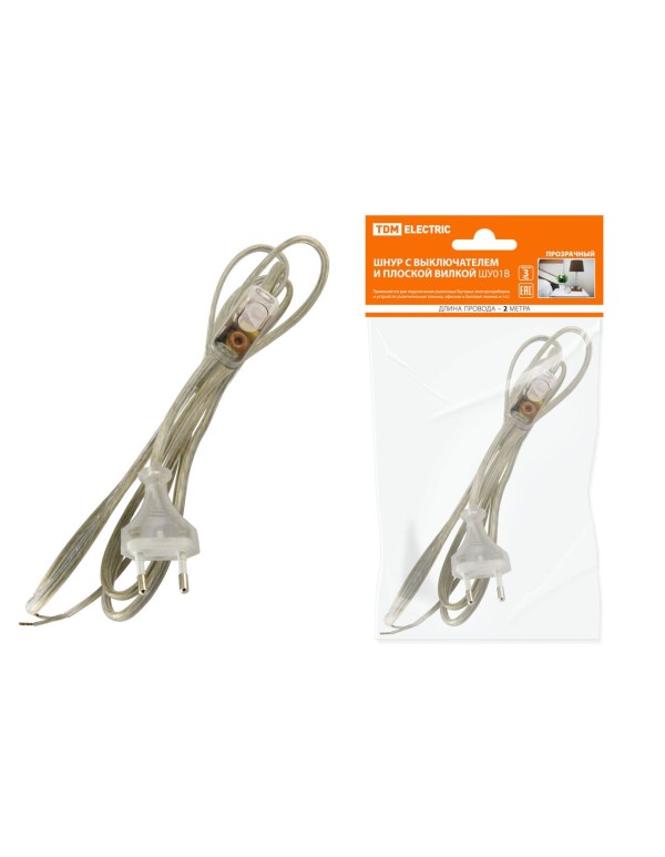 Шнур с выключателем и плоской вилкой ШУ01В ШВВП 2х0,75мм2 2м. прозрачный | SQ1305-0004 | TDM