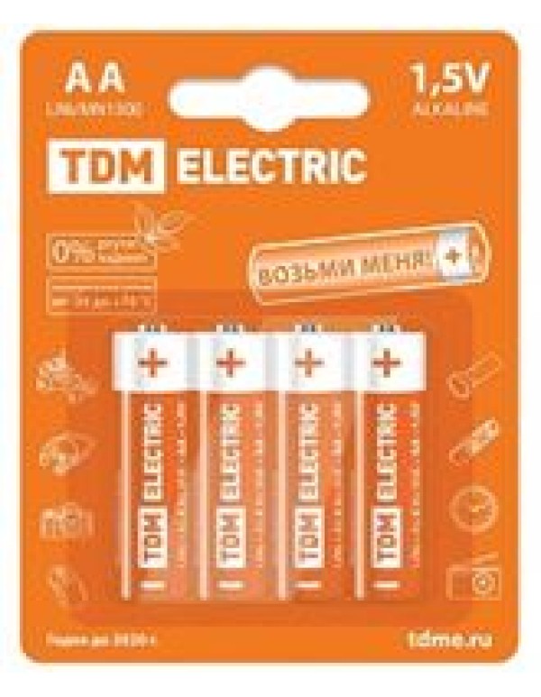 Батарейка (элемент питания) LR6 AA Alkaline 1,5V BP-4 SQ1702-0003 TDM