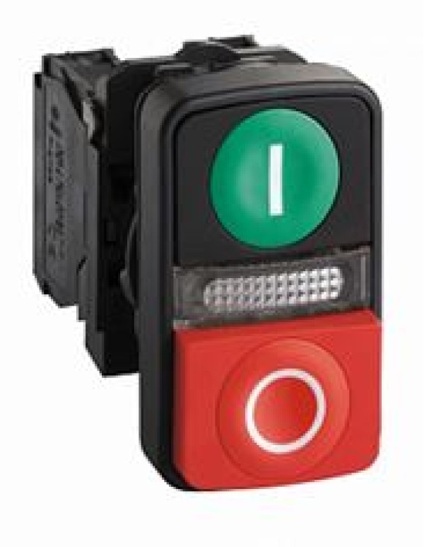 Кнопочный выключатель в сборе SE 2 управляющих элемента красный + зеленый с подсветкой, без фиксации, (XB5AW73731G5)