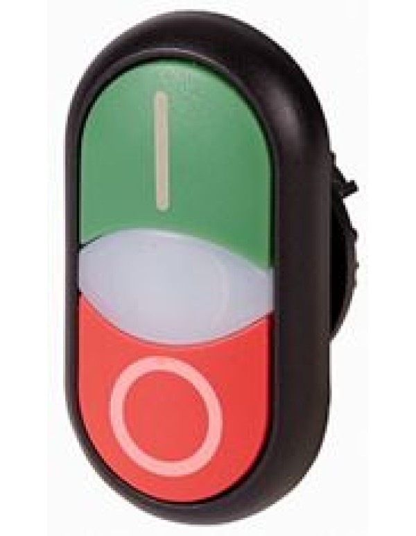 Сдвоенная кнопка с сигнальной лампой, без фиксации, цвет зеленый+красный с обозначением I O, черное