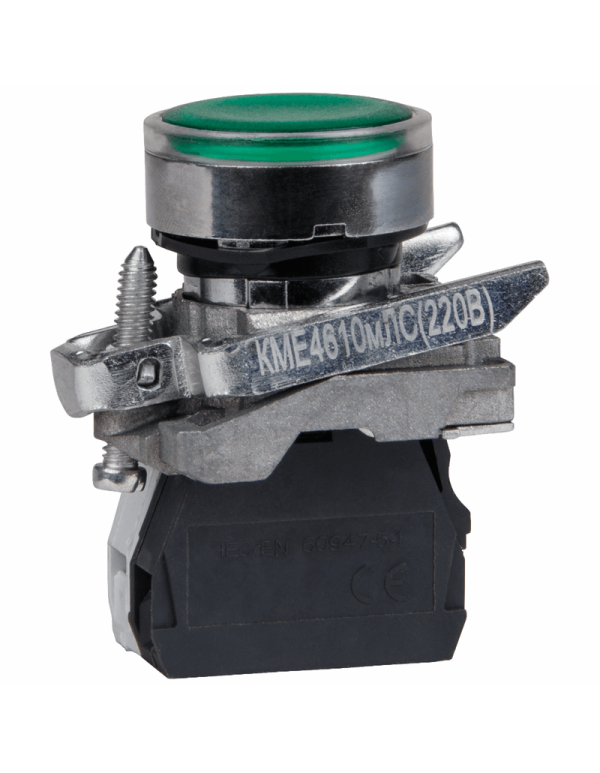 Кнопка КМЕ4610мЛС-220В-зеленый-1но+0нз-цилиндр-индикатор-IP65 | 248259 | КЭАЗ