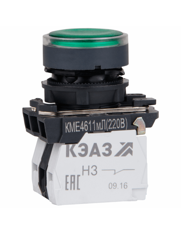Кнопка КМЕ4611мЛ-220В-зеленый-1но+1нз-цилиндр-индикатор-IP65 | 248250 | КЭАЗ