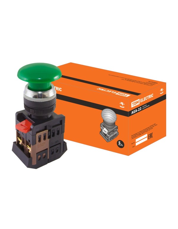 Кнопка AEА-22  Грибок  зеленый d22мм 1з+1р | SQ0704-0016 | TDM