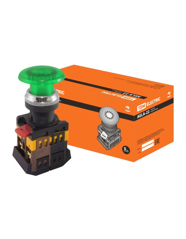 Кнопка AELA-22  Грибок  зеленый d22мм неон/230В 1з+1р | SQ0704-0014 | TDM