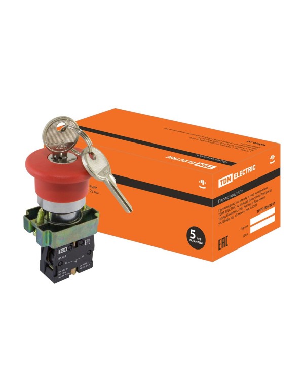 Кнопка BS142  Грибок с ключом красный d22мм 230В 1р | SQ0704-0023 | TDM