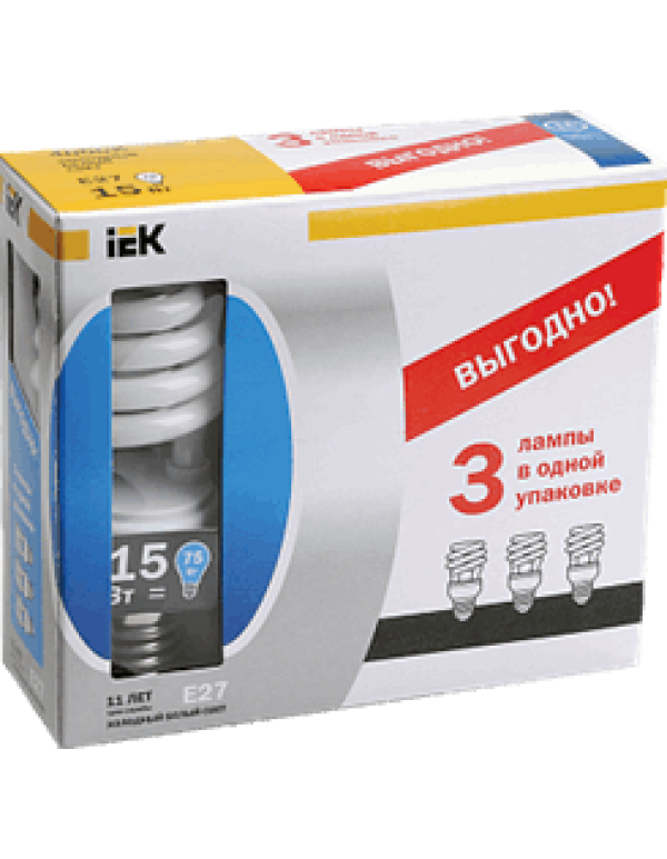 Лампа энергосберегающая спираль КЭЛ-S Е27 20Вт 2700К Т2 ПРОМОПАК 3 шт ИЭК