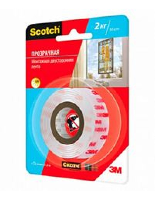 Клейкая монтажная лента Scotch, прозрачная, 19мм х 1,5м в индивидуальной упаковке