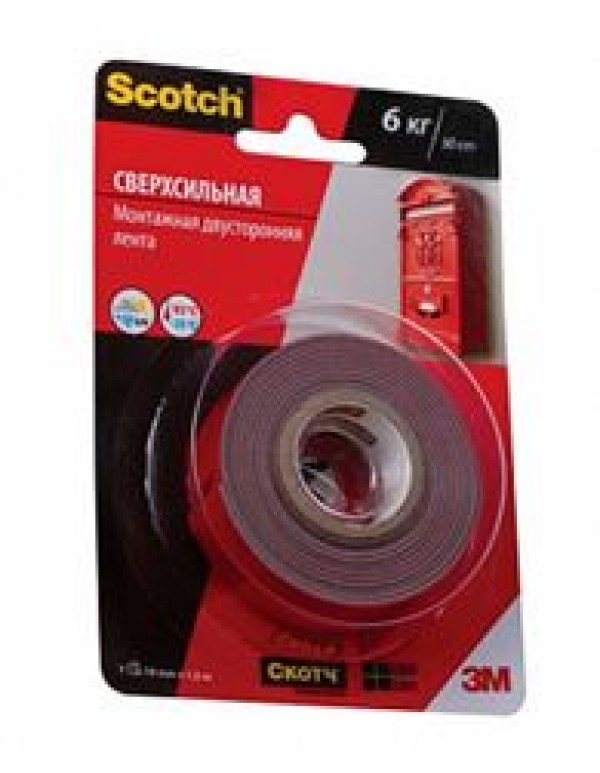 Клейкая монтажная лента Scotch, сверхпрочная, 19мм х 1,5м в индивидуальной упаковке