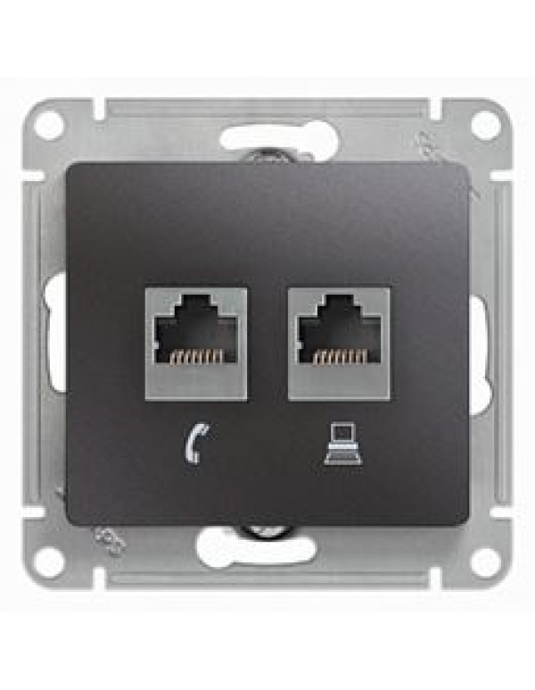 GLOSSA РОЗЕТКА двойная RJ11+RJ45, кат.5E,механизм, ГРАФИТ