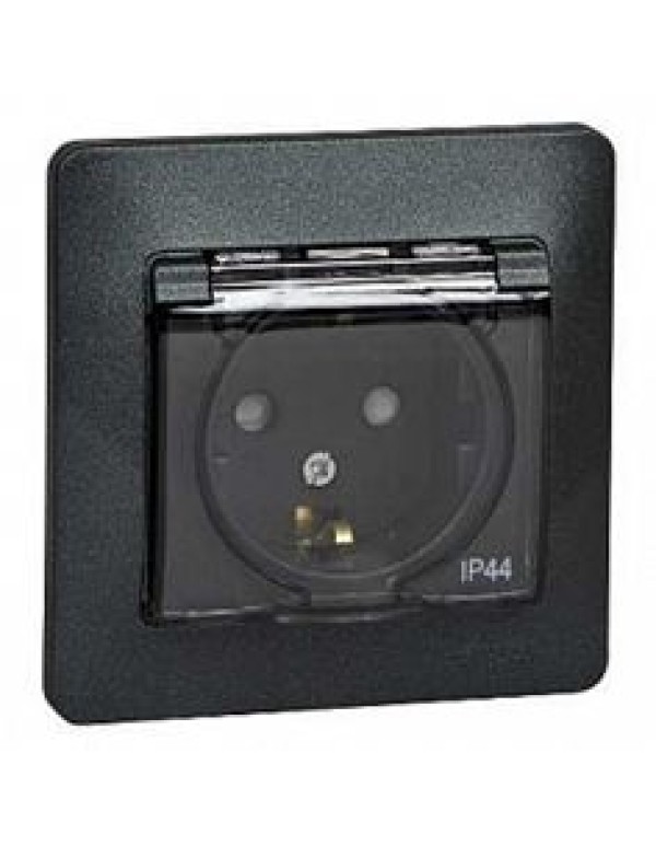 GLOSSA РОЗЕТКА с заземлением со шторками с крышкой, 16А, IP44, в сборе, АНТРАЦИТ