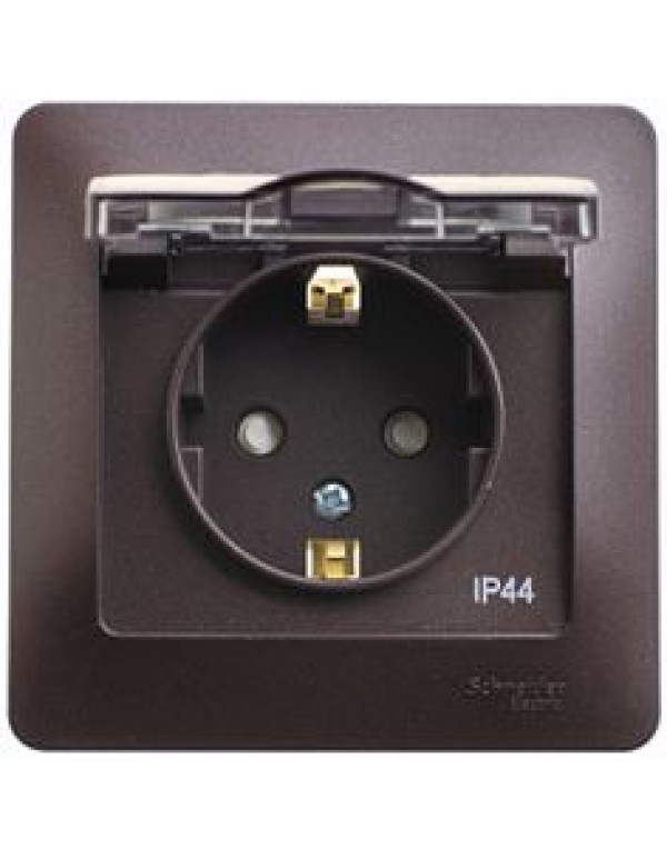 GLOSSA РОЗЕТКА с заземлением со шторками с крышкой, 16А, IP44, в сборе, ШОКОЛАД