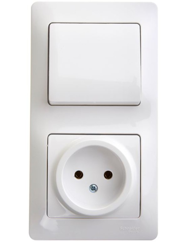 Розетка с заземл.,шторками+Выключатель 1кл. Glossa белая